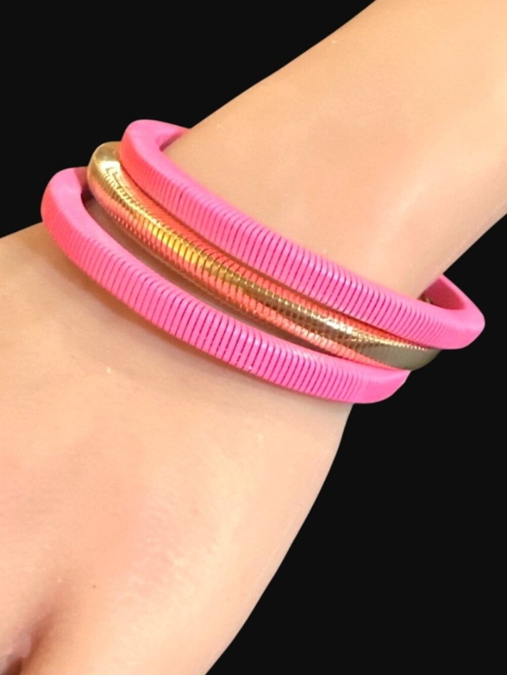 Euro Collection Set of Three Stretch Omega Chain Link Bracelets Pink Gold Tone